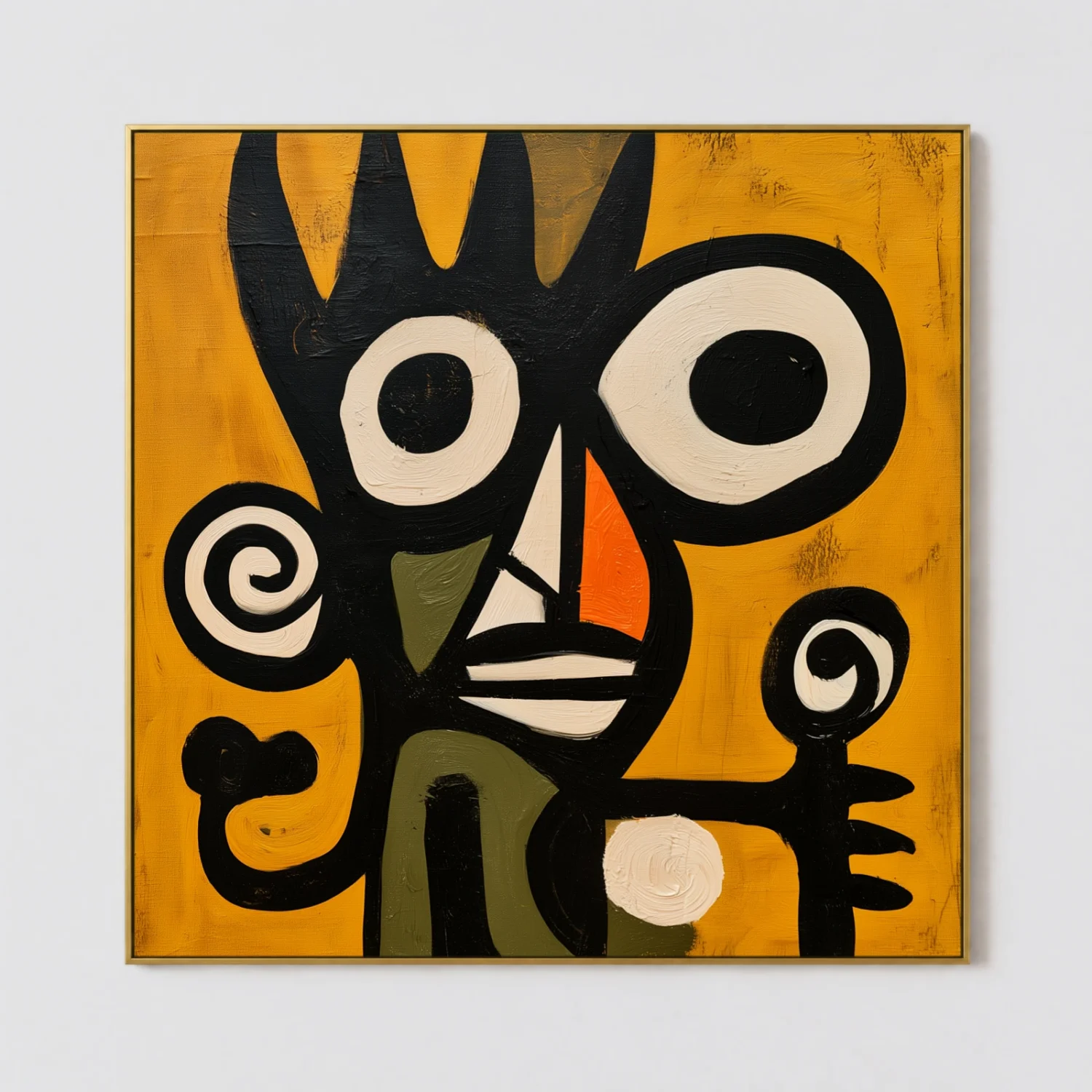 Black crowned abstract figure with ivory eyes and spiral mark on canvas