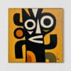 glyph-guardian-figurative-abstract-wall-art-T-1x1-gold-frame-wall Black abstract face with ivory eyes, white nose, and orange triangle on ochre canvas