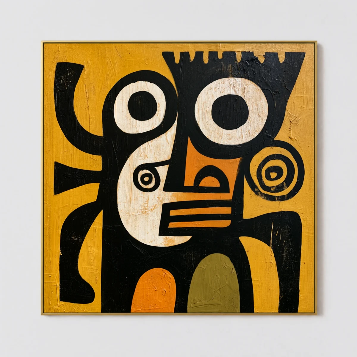 Primitive abstract ivory mask with orange stripes and spiral motif