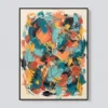 long-arc-teal-abstract-wall-art-T-3x4-black-frame-wall Teal and coral abstract oil painting crossed by a long brown looping arc