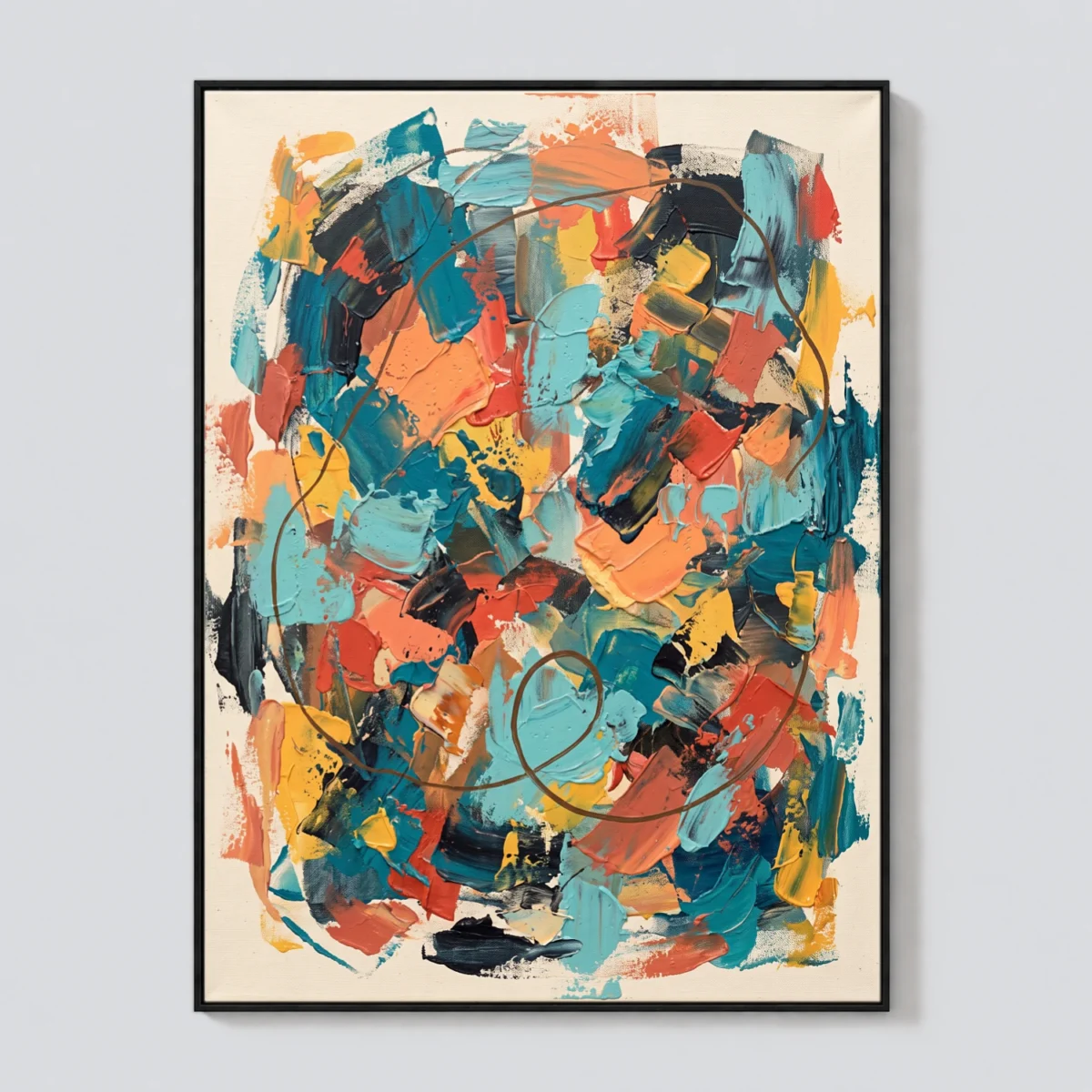 Teal and coral abstract oil painting crossed by a long brown looping arc