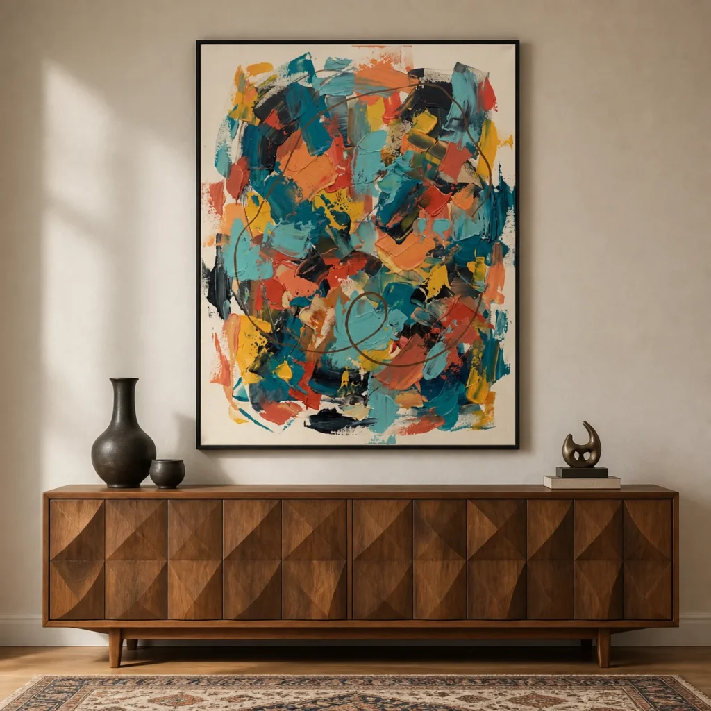 Teal and coral abstract oil painting crossed by a long brown looping arc