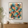 long-arc-teal-abstract-wall-art-scene-2 Teal and coral abstract oil painting crossed by a long brown looping arc