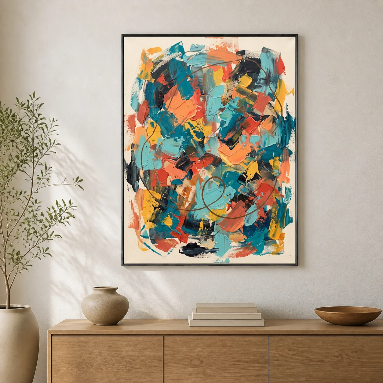 long-arc-teal-abstract-wall-art-scene-2 Teal and coral abstract oil painting crossed by a long brown looping arc