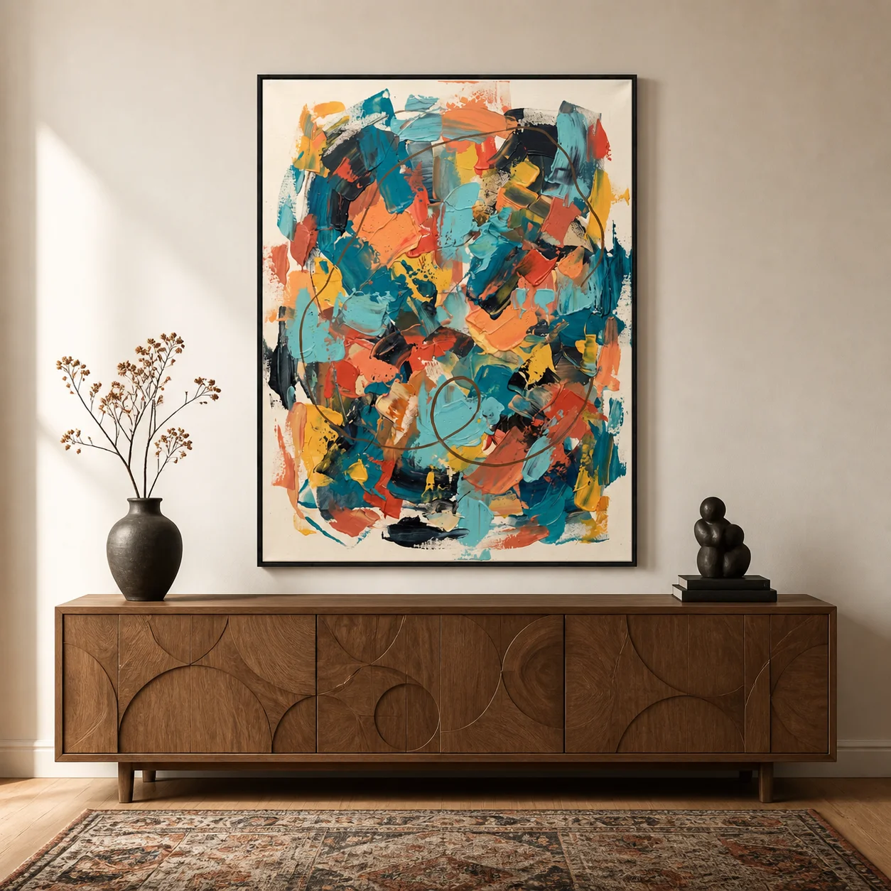 long-arc-teal-abstract-wall-art-scene-3 Teal and coral abstract oil painting crossed by a long brown looping arc