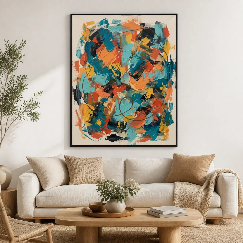 Teal and coral abstract oil painting crossed by a long brown looping arc