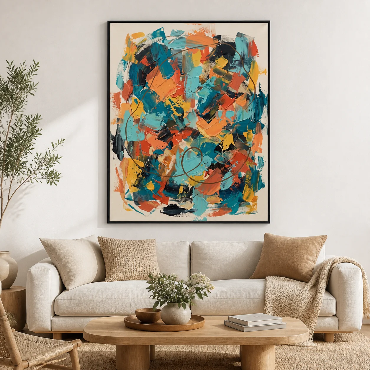 long-arc-teal-abstract-wall-art-scene-4 Teal and coral abstract oil painting crossed by a long brown looping arc
