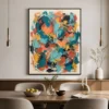 long-arc-teal-abstract-wall-art-scene-5 Teal and coral abstract oil painting crossed by a long brown looping arc