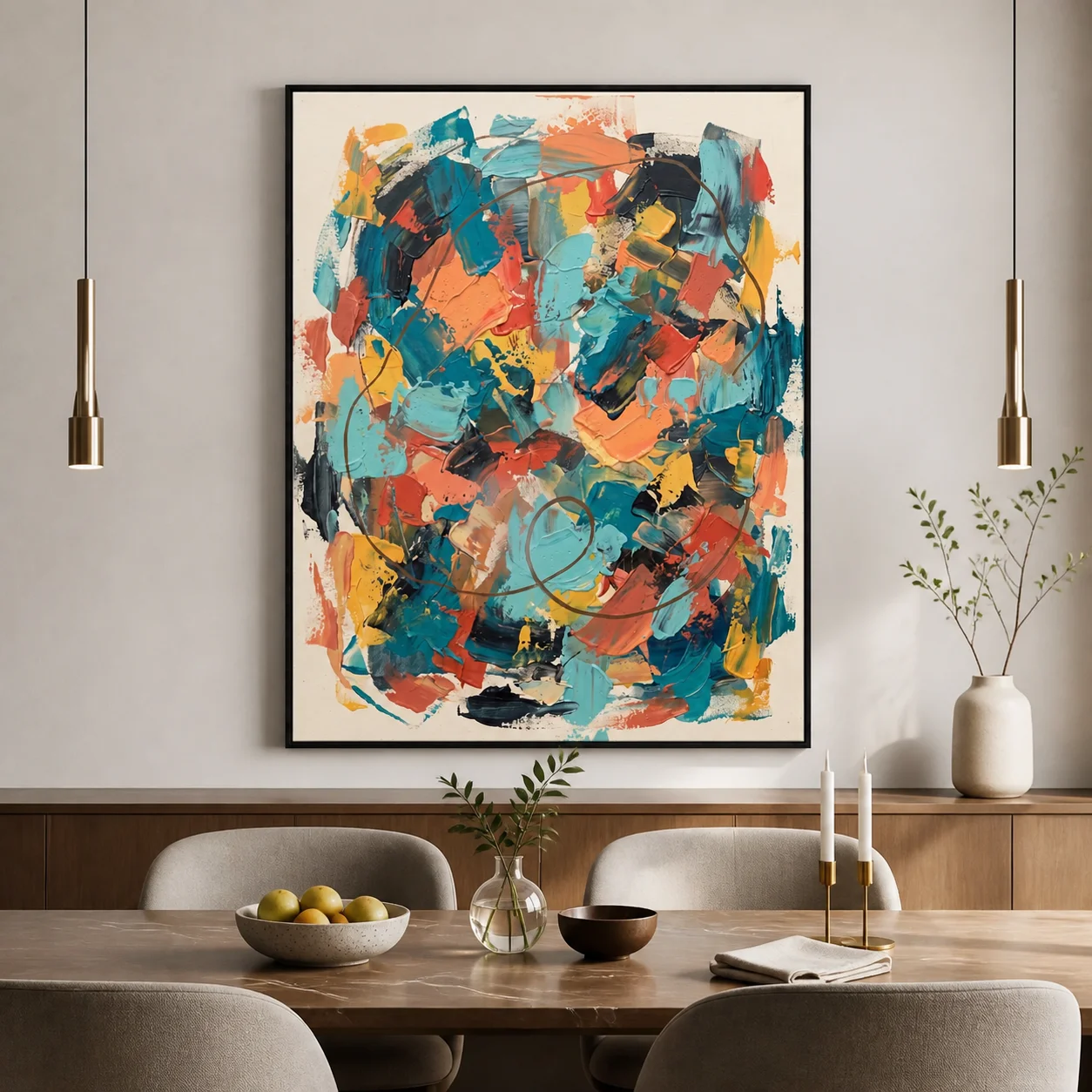 long-arc-teal-abstract-wall-art-scene-5 Teal and coral abstract oil painting crossed by a long brown looping arc