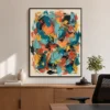 long-arc-teal-abstract-wall-art-scene-6 Teal and coral abstract oil painting crossed by a long brown looping arc