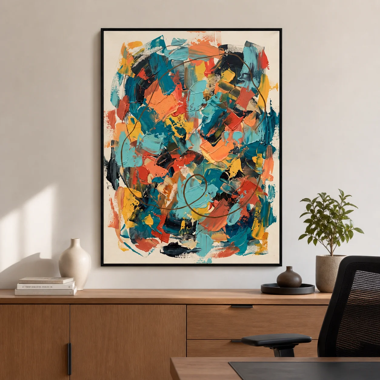 long-arc-teal-abstract-wall-art-scene-6 Teal and coral abstract oil painting crossed by a long brown looping arc