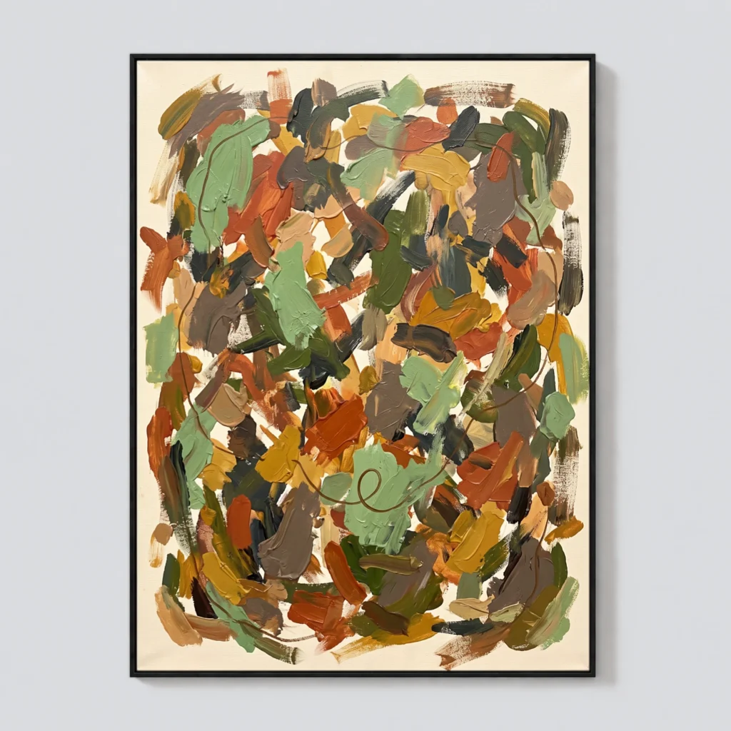 Sage green and terracotta abstract oil painting with a looping brown line