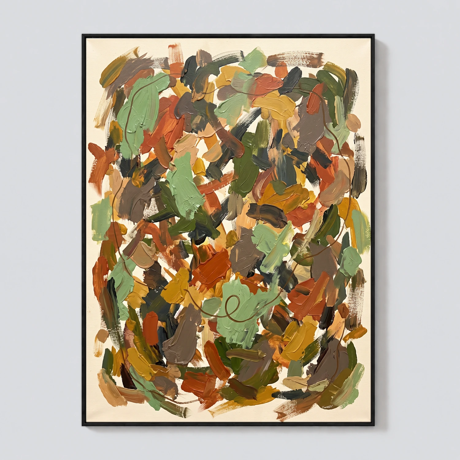 residual-loop-sage-green-abstract-wall-art-T-3x4-black-frame-wall Sage green and terracotta abstract oil painting with a looping brown line