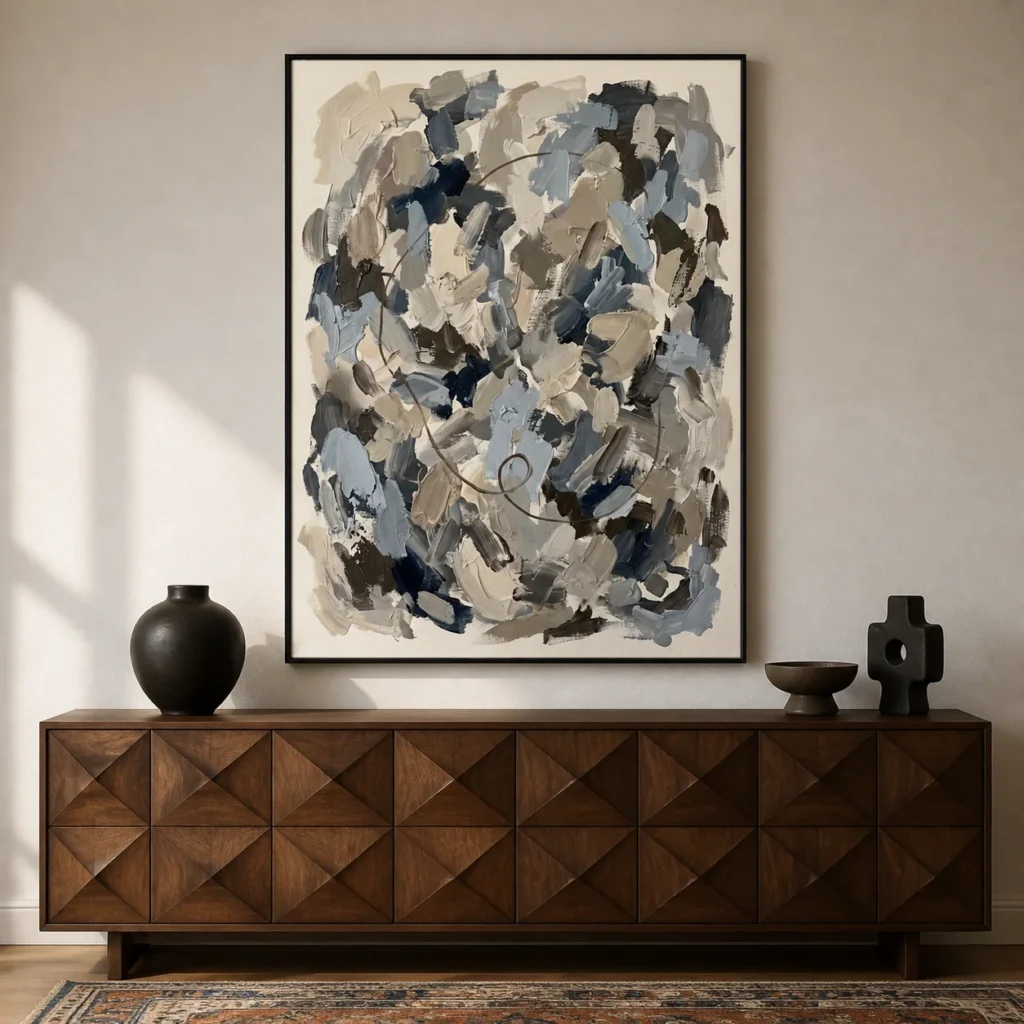 Earthy sage green and terracotta abstract oil painting with an elegant brown loop