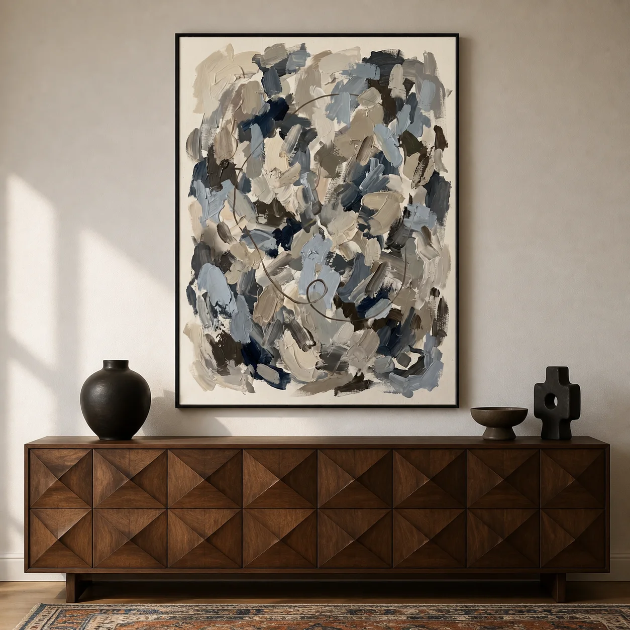 sediment-earthy-abstract-wall-art-scene-1 Earthy sage green and terracotta abstract oil painting with an elegant brown loop