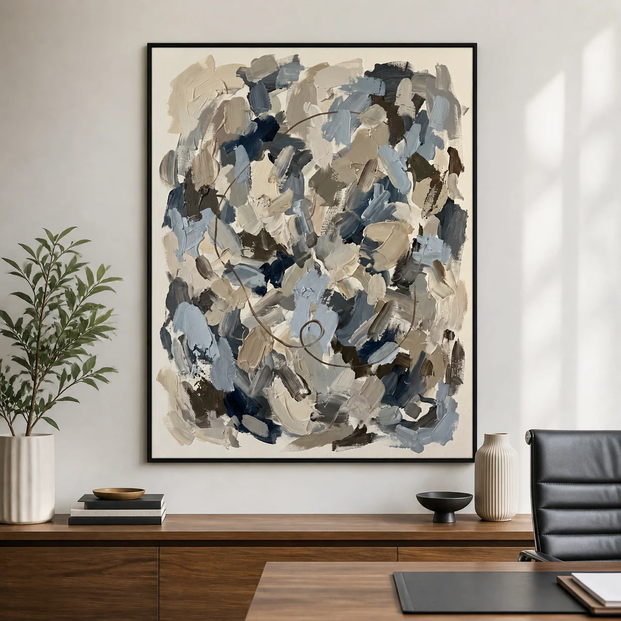 sediment-earthy-abstract-wall-art-scene-3 Earthy sage green and terracotta abstract oil painting with an elegant brown loop