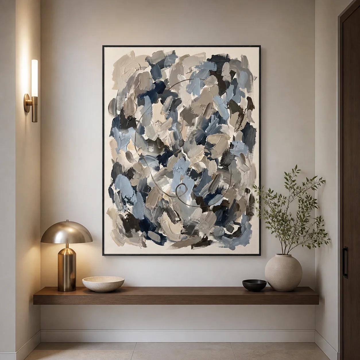 sediment-earthy-abstract-wall-art-scene-5 Earthy sage green and terracotta abstract oil painting with an elegant brown loop