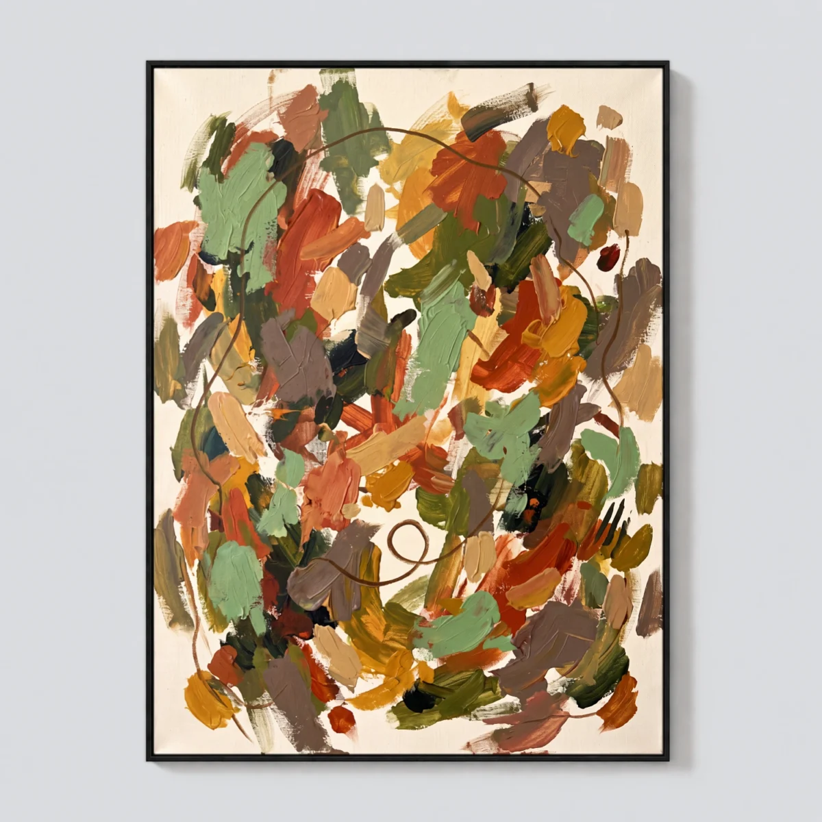 Ochre and sage green abstract oil painting with terracotta marks and sienna line