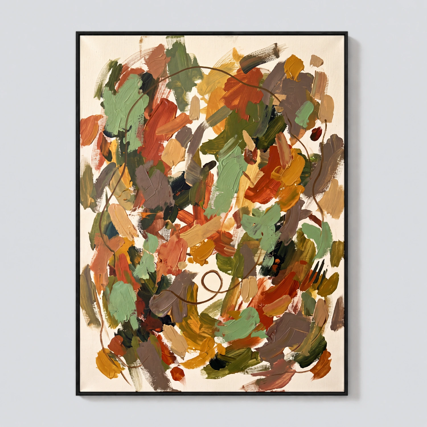 sienna-thread-ochre-abstract-wall-art-T-3x4-black-frame-wall Ochre and sage green abstract oil painting with terracotta marks and sienna line