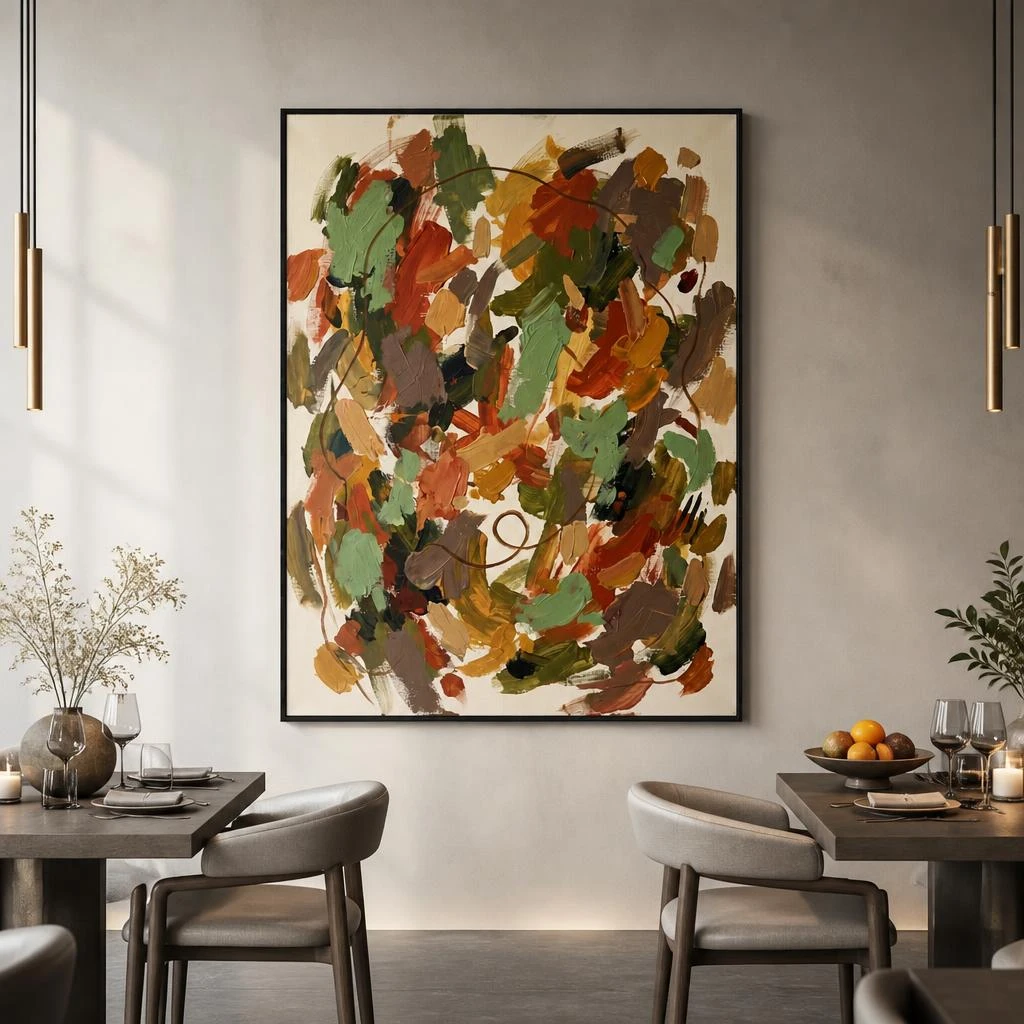 sienna-thread-ochre-abstract-wall-art-scene-1 Ochre and sage green abstract oil painting with terracotta marks and sienna line