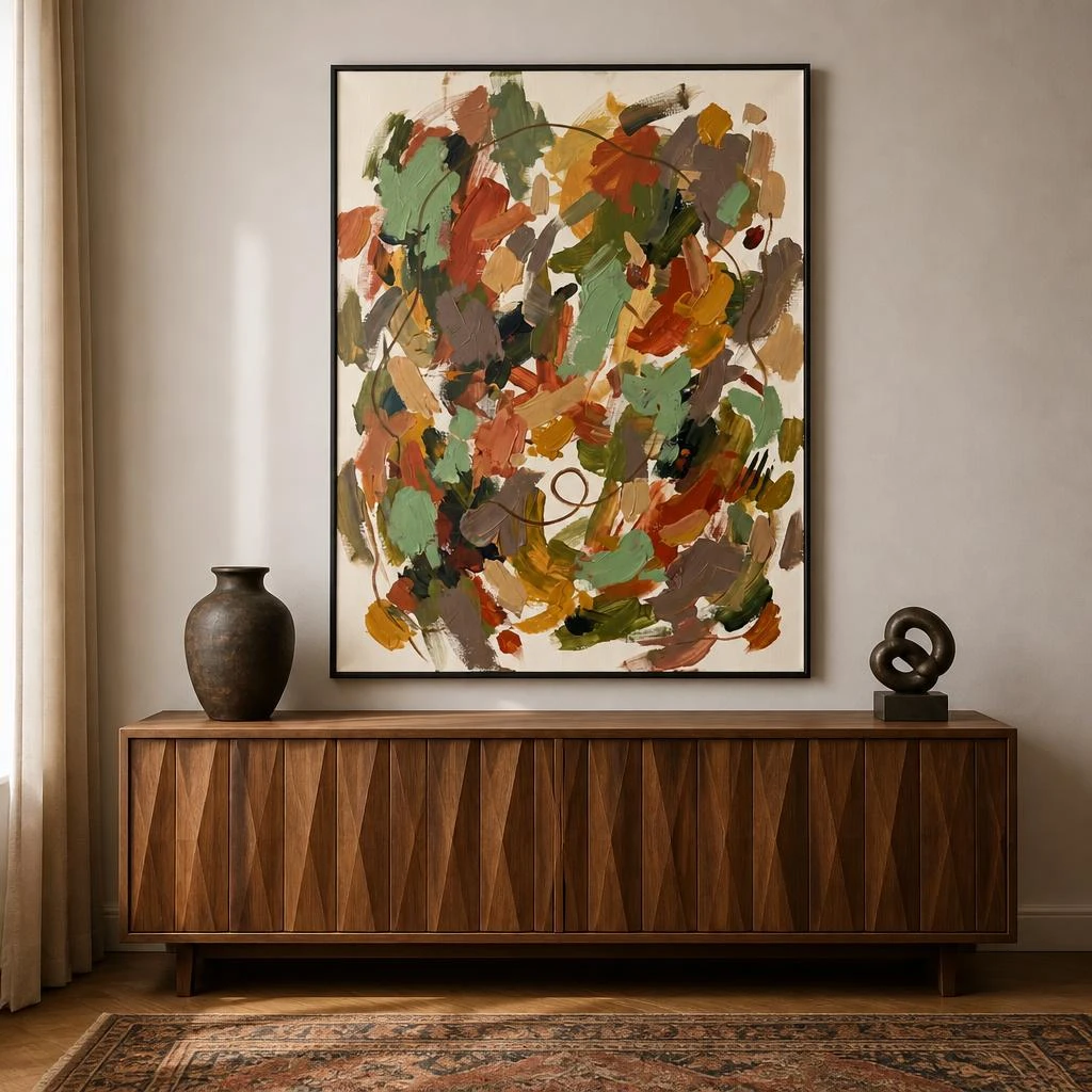 Ochre and sage green abstract oil painting with terracotta marks and sienna line