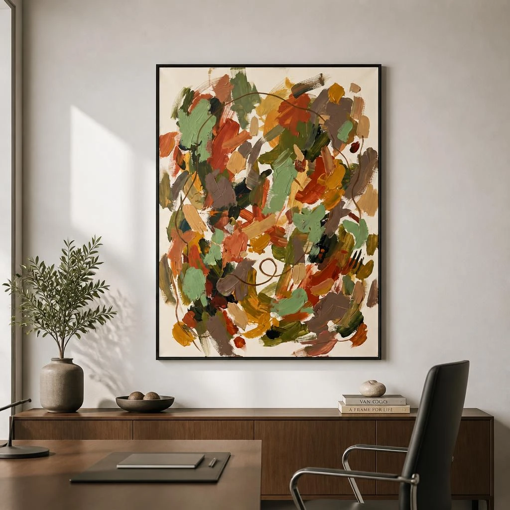 Ochre and sage green abstract oil painting with terracotta marks and sienna line