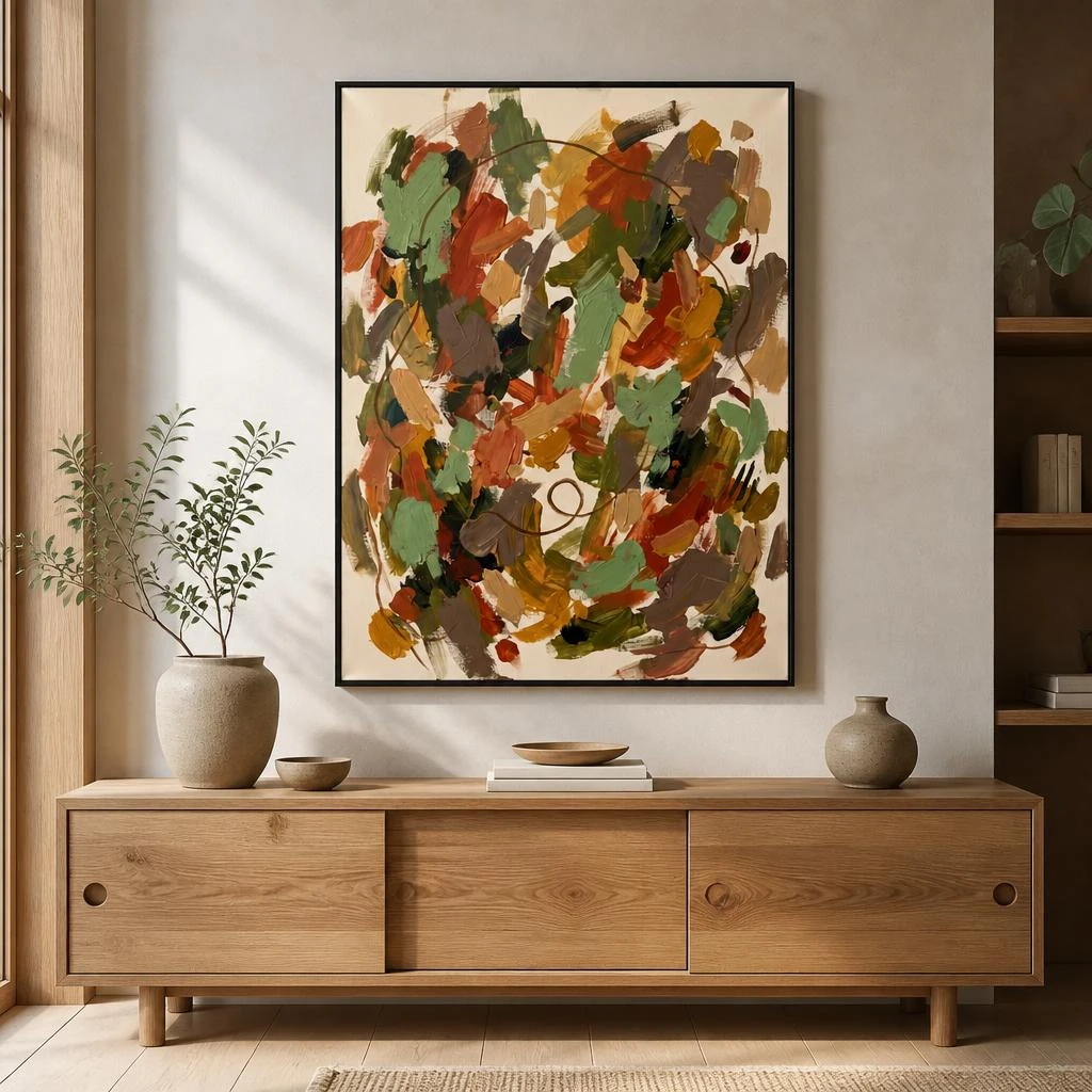 sienna-thread-ochre-abstract-wall-art-scene-4 Ochre and sage green abstract oil painting with terracotta marks and sienna line