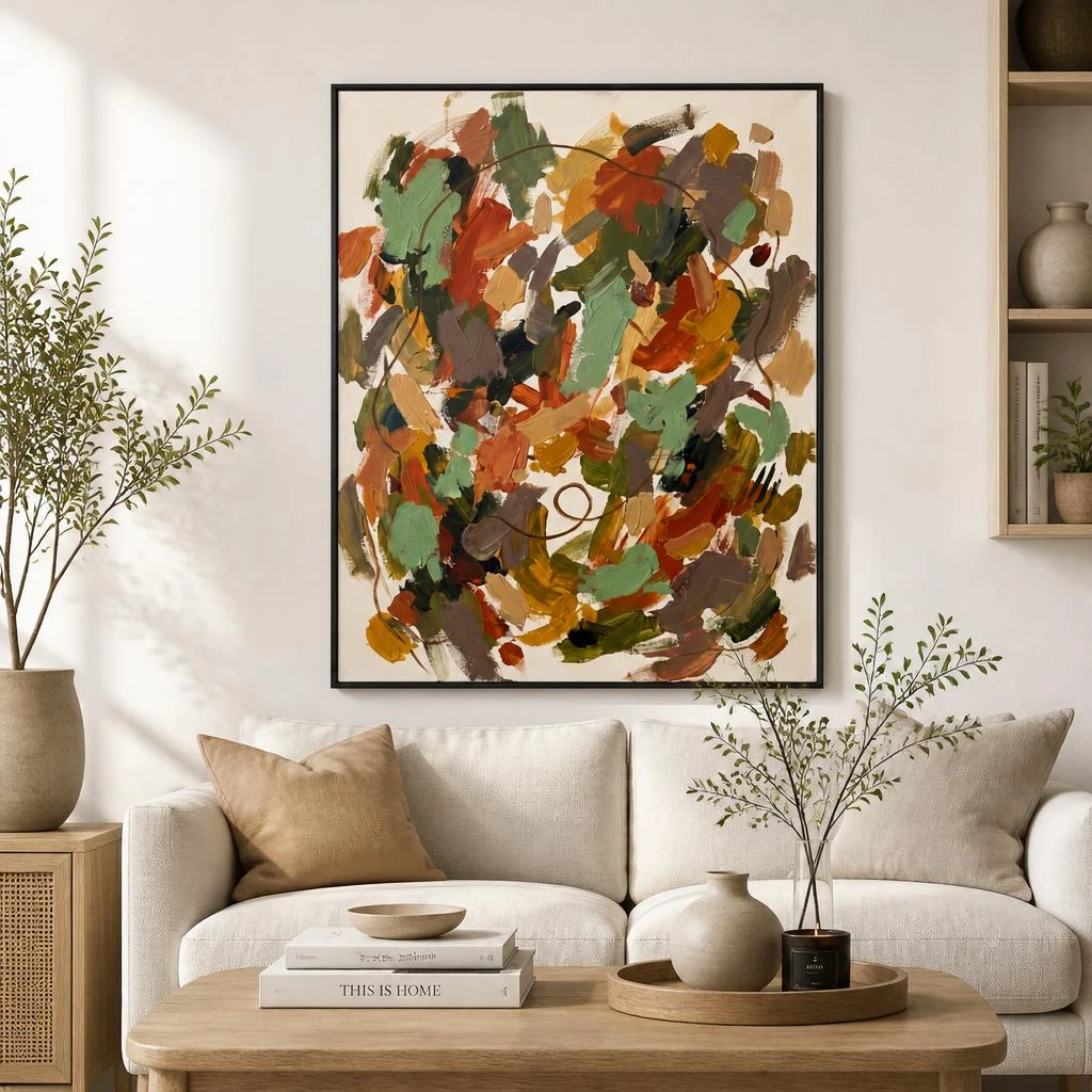 sienna-thread-ochre-abstract-wall-art-scene-5 Ochre and sage green abstract oil painting with terracotta marks and sienna line