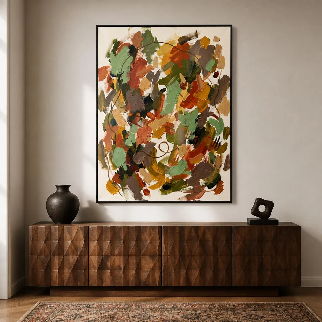 sienna-thread-ochre-abstract-wall-art-scene-6 Ochre and sage green abstract oil painting with terracotta marks and sienna line
