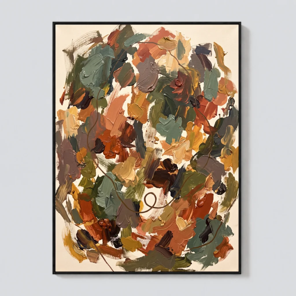 Blue gray and ivory abstract oil painting with navy marks and a brown loop