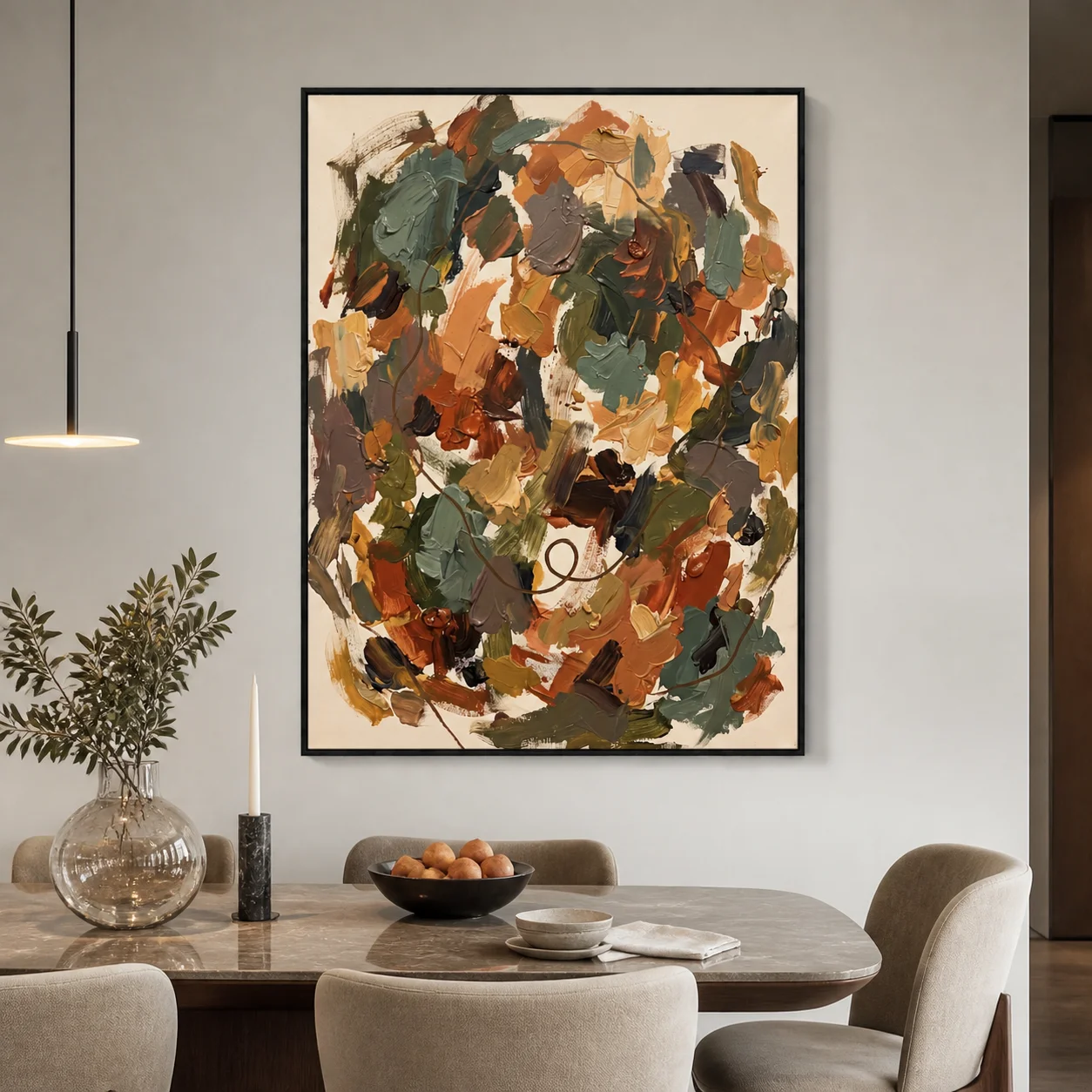 slate-interval-blue-gray-abstract-wall-art-scene-1 Blue gray and ivory abstract oil painting with navy marks and a brown loop
