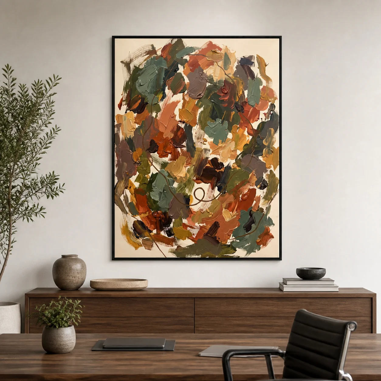 slate-interval-blue-gray-abstract-wall-art-scene-4 Blue gray and ivory abstract oil painting with navy marks and a brown loop
