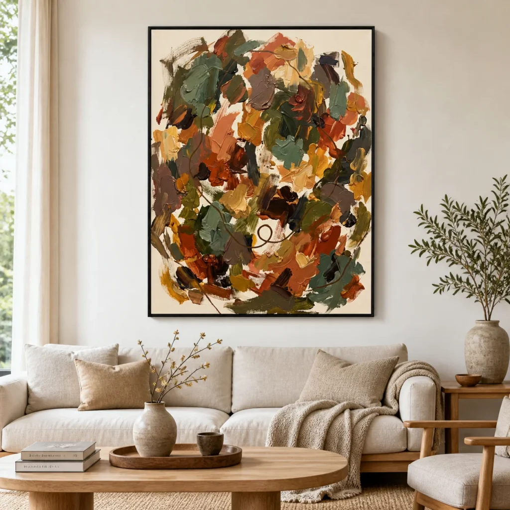 Blue gray and ivory abstract oil painting with navy marks and a brown loop