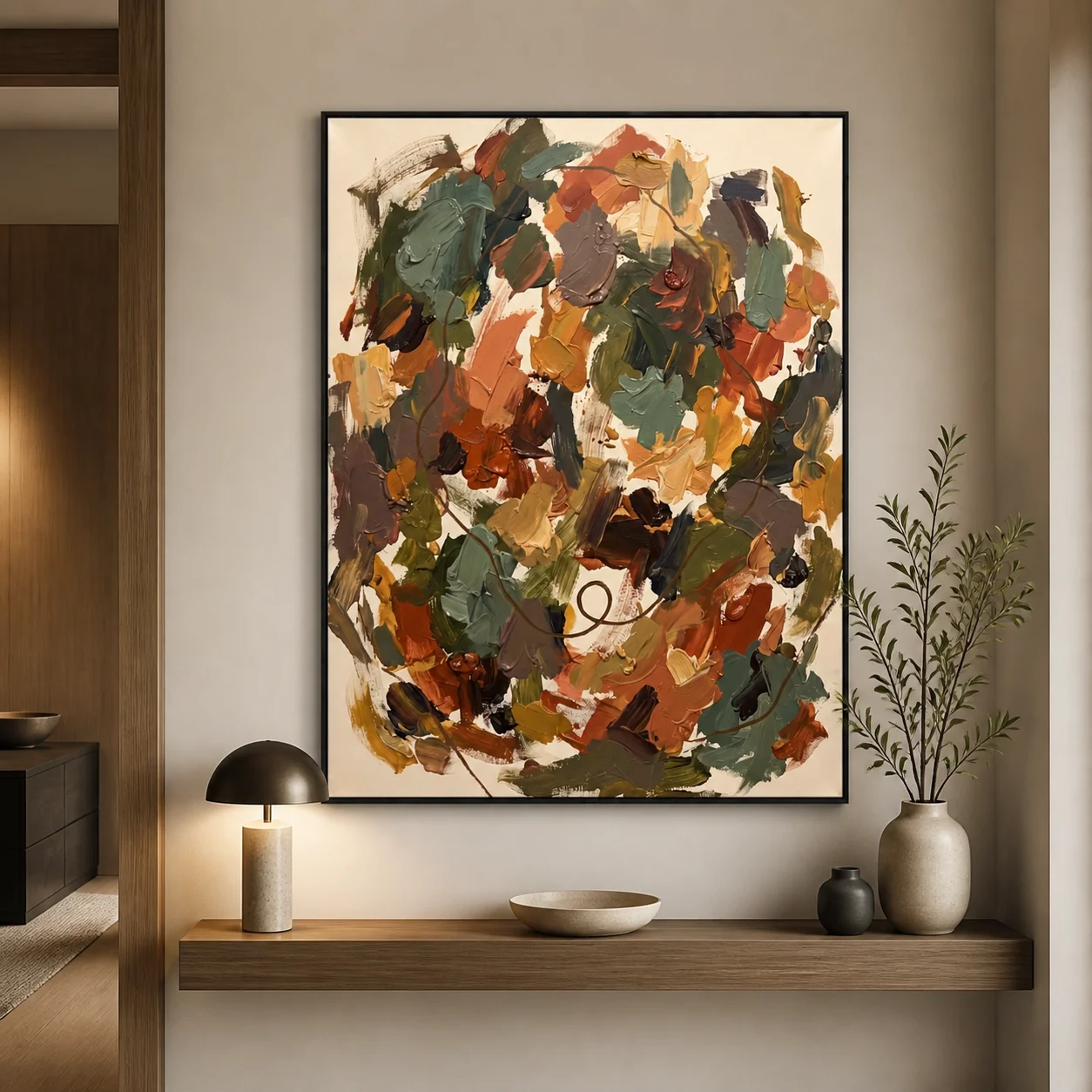 slate-interval-blue-gray-abstract-wall-art-scene-6 Blue gray and ivory abstract oil painting with navy marks and a brown loop