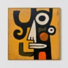 spiral-witness-primitive-abstract-painting-T-1x1-gold-frame-wall Black primitive abstract figure with a white spiral arm and oversized eye on ochre canvas