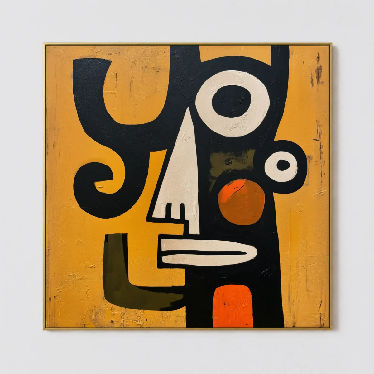 Black primitive abstract figure with a white spiral arm and oversized eye on ochre canvas