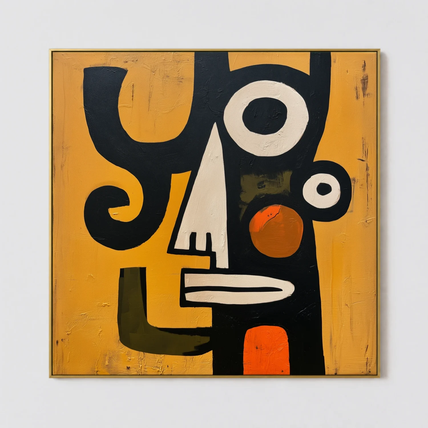 spiral-witness-primitive-abstract-painting-T-1x1-gold-frame-wall Black primitive abstract figure with a white spiral arm and oversized eye on ochre canvas