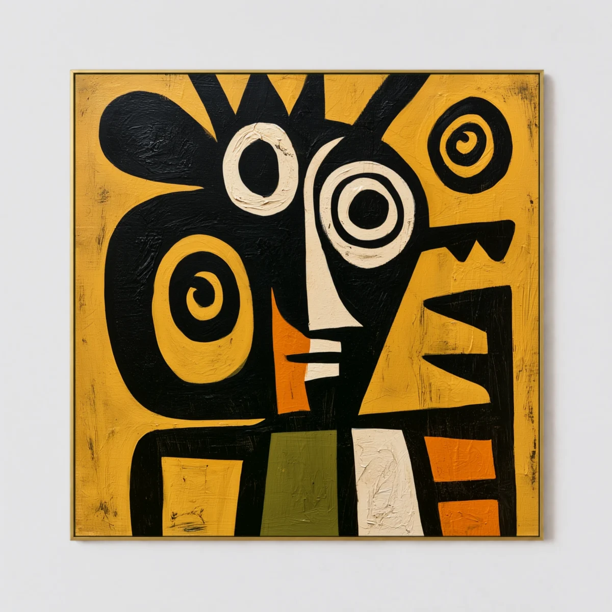 Primitive abstract figure with split face shape and black geometric forms