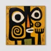 Primitive black figure with black divide and yellow spiral on ochre canvas