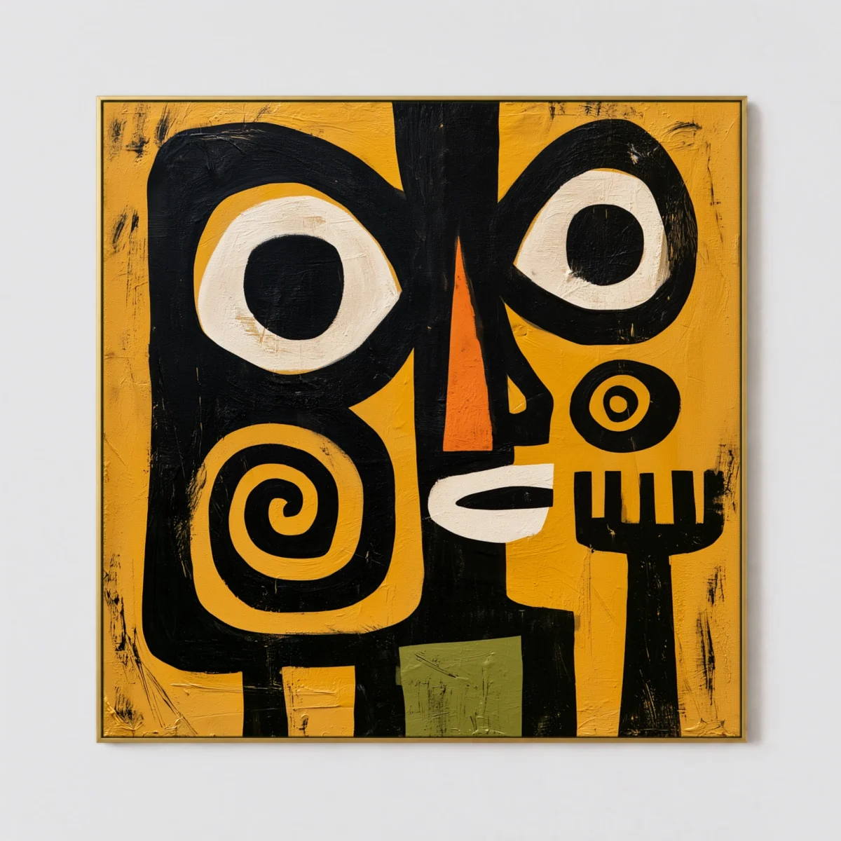Primitive black figure with black divide and yellow spiral on ochre canvas