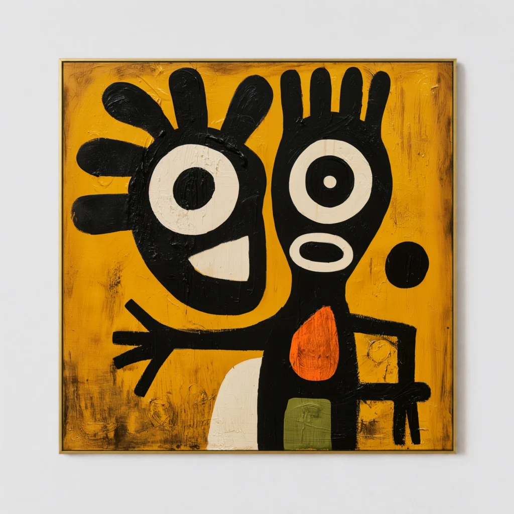 Black and ivory abstract figure with orange mark on mustard yellow canvas
