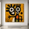 the-orange-mark-mustard-yellow-wall-art-scene-01 Black and ivory abstract figure with orange mark on mustard yellow canvas