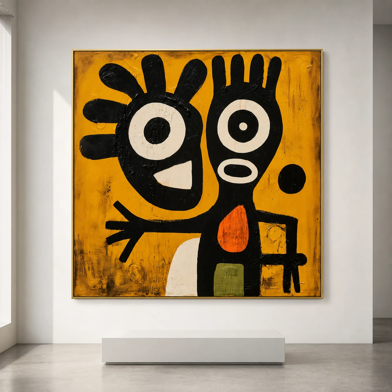 the-orange-mark-mustard-yellow-wall-art-scene-01 Black and ivory abstract figure with orange mark on mustard yellow canvas