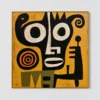 the-orange-ring-primitive-abstract-wall-art-T-1x1-gold-frame-wall Black geometric abstract figure with orange ring on ochre yellow canvas