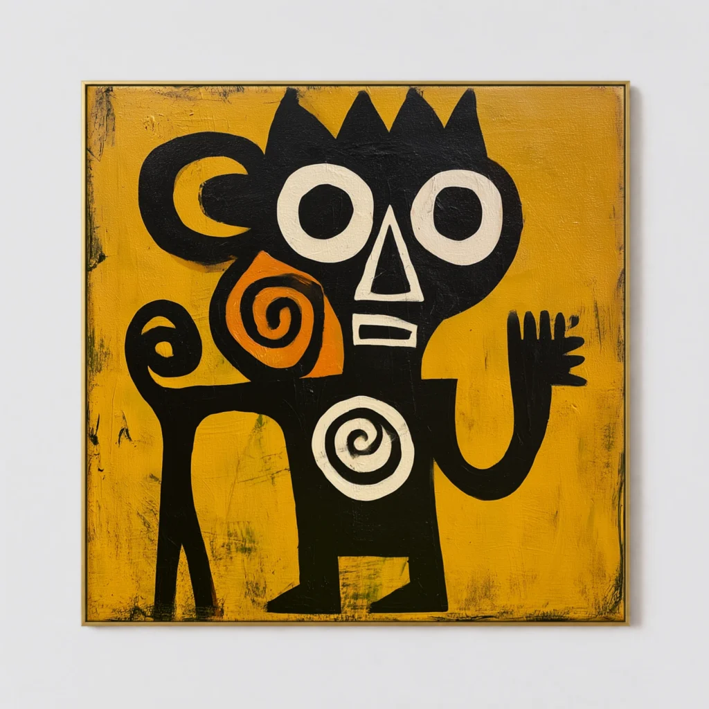 Black primitive figure with small companion figure and orange spiral on yellow canvas