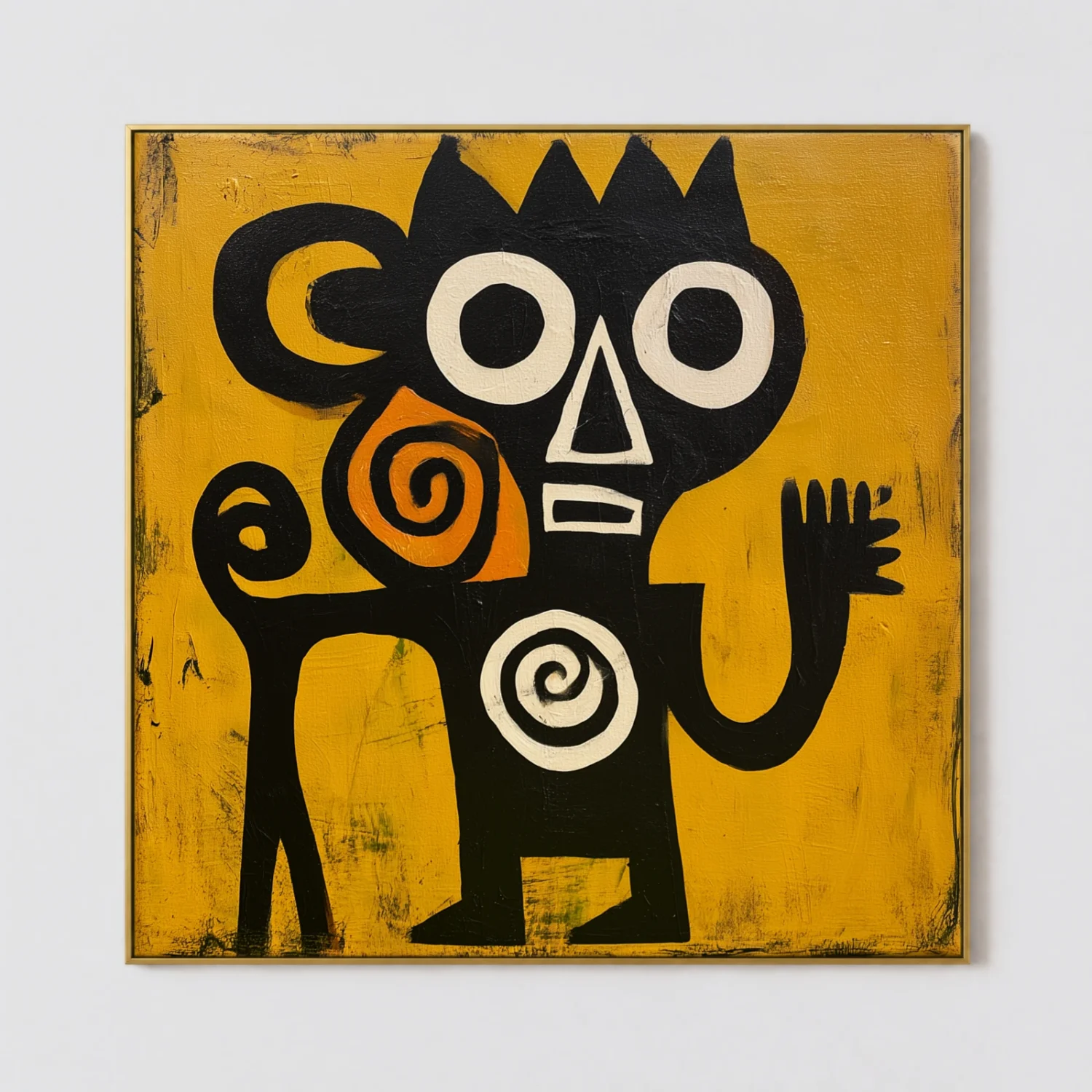 the-small-guardian-figurative-abstract-wall-art-T-1x1-gold-frame-wall Black primitive figure with small companion figure and orange spiral on yellow canvas