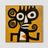 the-spiral-eared-watcher-primitive-abstract-wall-art-T-1x1-gold-frame-wall Black abstract figure with spiral ears on mustard yellow canvas