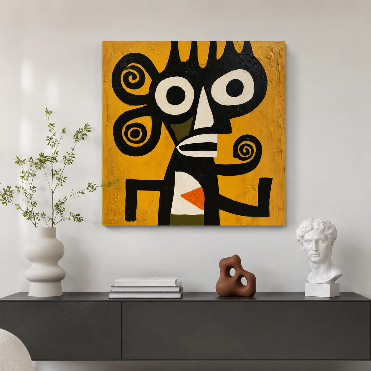 the-spiral-eared-watcher-primitive-abstract-wall-art-scene-01 S015 | The Spiral-Eared Watcher – Primitive Abstract Wall Art