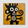 the-spiral-watcher-figurative-abstract-wall-art-T-1x1-gold-frame-wall Black abstract figure with orange spiral on mustard yellow canvas