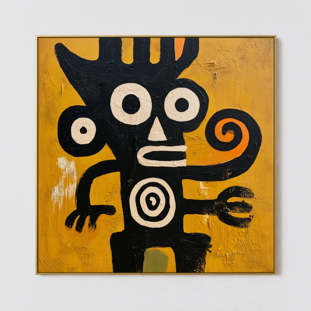 Black abstract figure with orange spiral on mustard yellow canvas